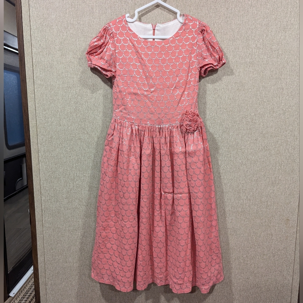 Pink Kids Dress with Metallic Scalloped Detail. Approximate Size 8 Girls. No Tag